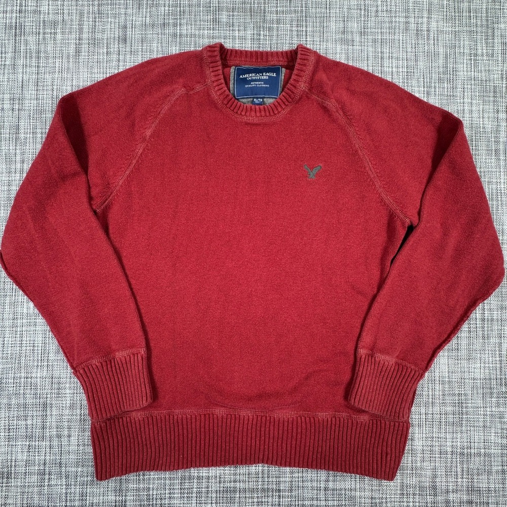 American Eagle Mens Sweater XL Red Cotton Crewneck Raglan Long Sleeve Ribbed